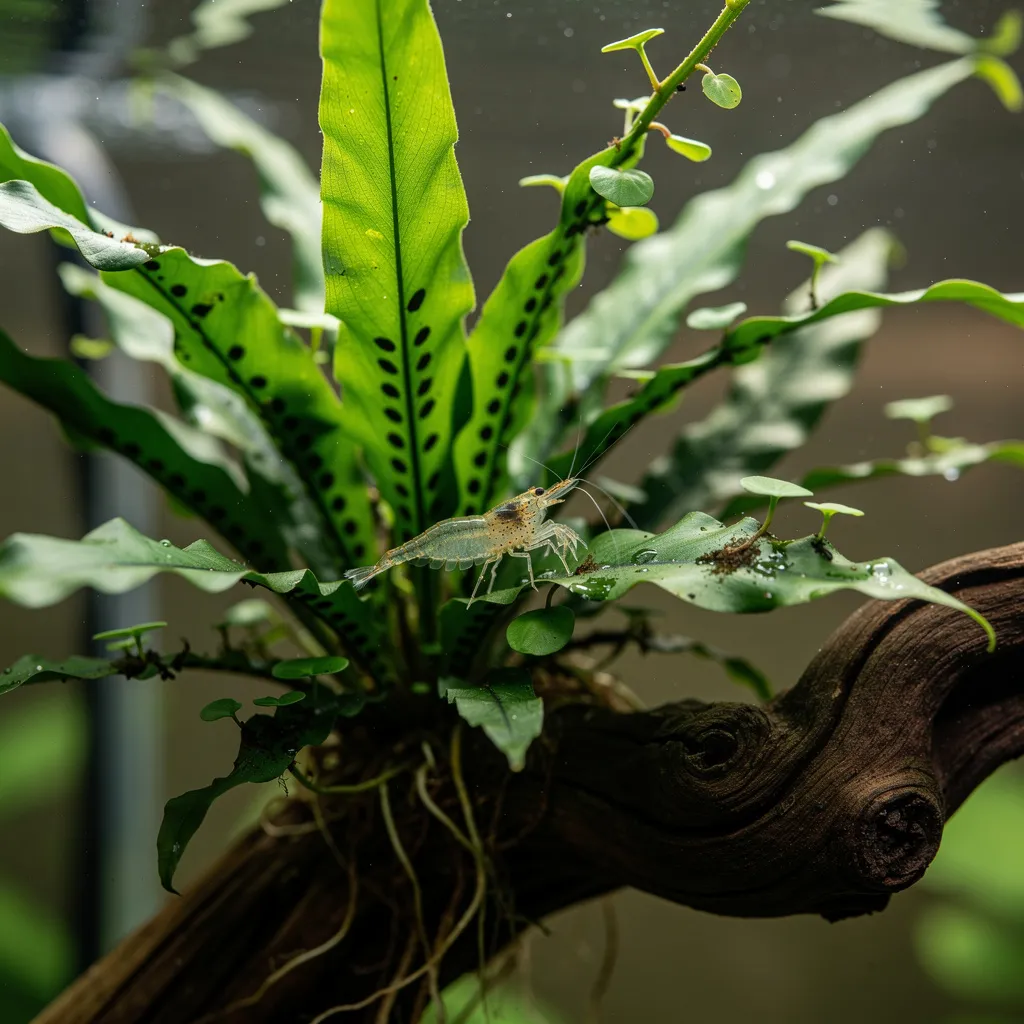 Javafarn auf Wurzelholz mit typischen langen Wedeln, Kindeln an alten Blättern und Garnele dazwischen