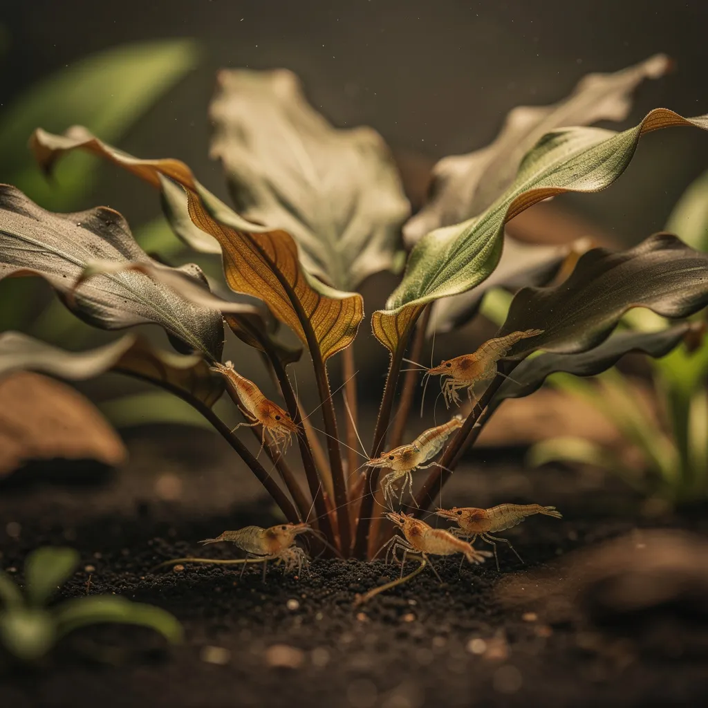 Cryptocoryne wendtii im Mittelgrund mit welligen braungrünen Blättern und Garnelen zwischen den Rosetten