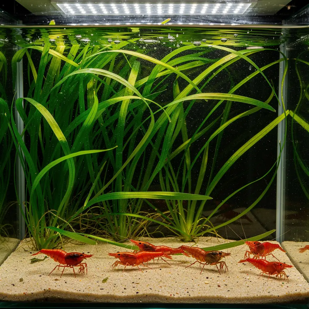 Vallisnerien bilden grünen Vorhang im Hintergrund mit langen bandförmigen Blättern und Garnelen davor