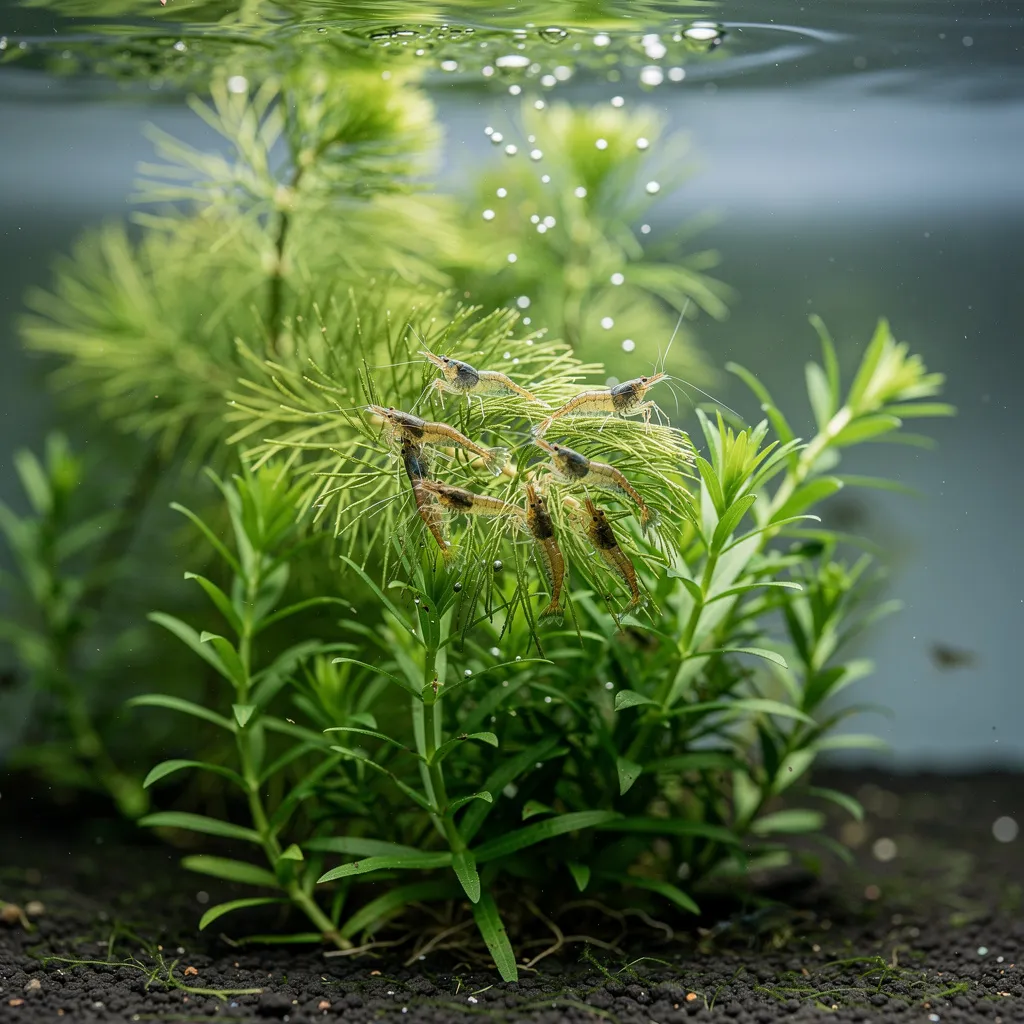 Hornkraut und Wasserpest als Turbo-Reiniger: dichte grüne Stängel mit fressenden Garnelen auf den Zweigen