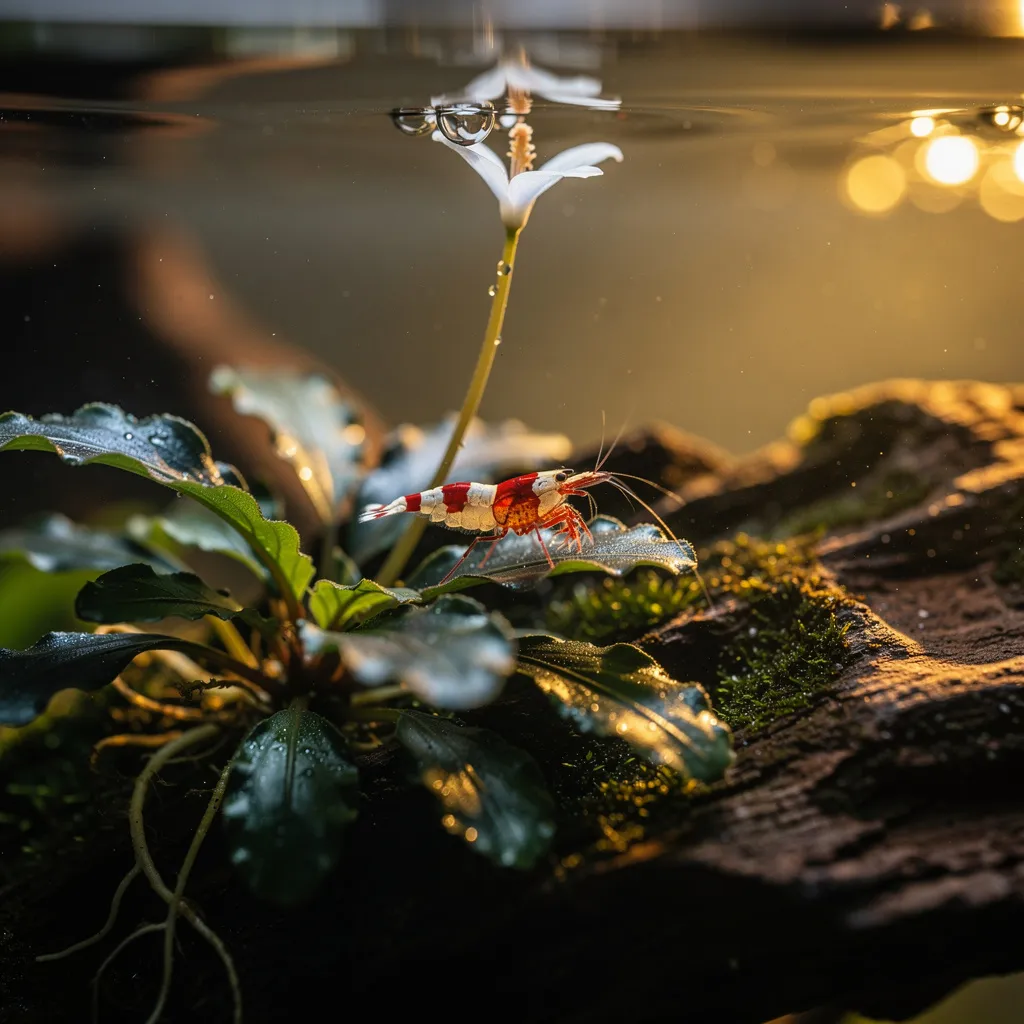 Bucephalandra mit schimmernden blaugrünen Blättern und weißer Blüte auf Wurzelholz, Caridina-Garnele darauf