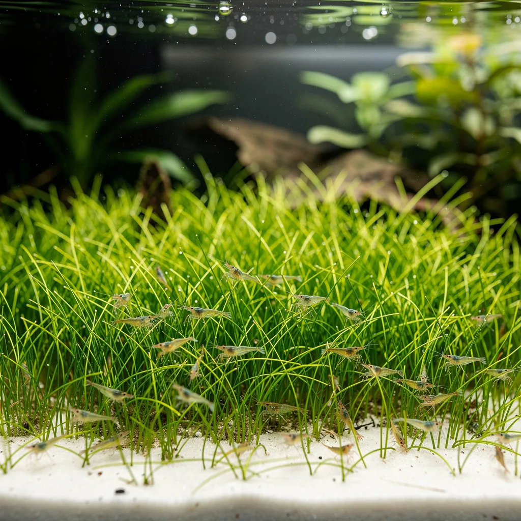 Eleocharis-Unterwasserrasen als dichter grüner Teppich im Vordergrund mit Jungarnelen im Gras