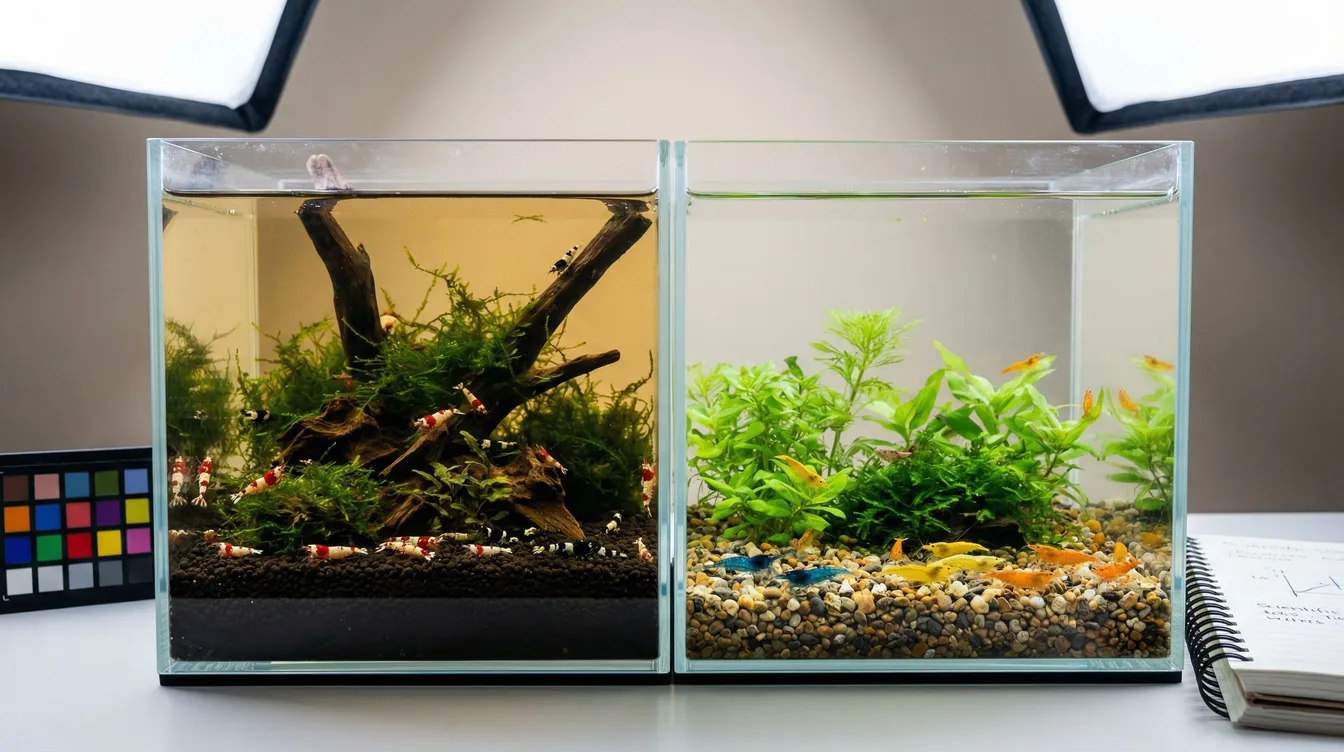 Zwei Aquarien im Vergleich: niedriger pH für Caridina, neutraler pH für Neocaridina