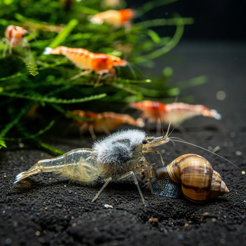 Tote Garnele mit Pilzbefall auf dem Bodengrund, gesunde Artgenossen und Schnecke im Hintergrund