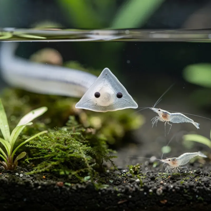 Planarie mit typischem dreieckigem Kopf an der Aquarienscheibe, kleine Garnele in der Nähe in Gefahr