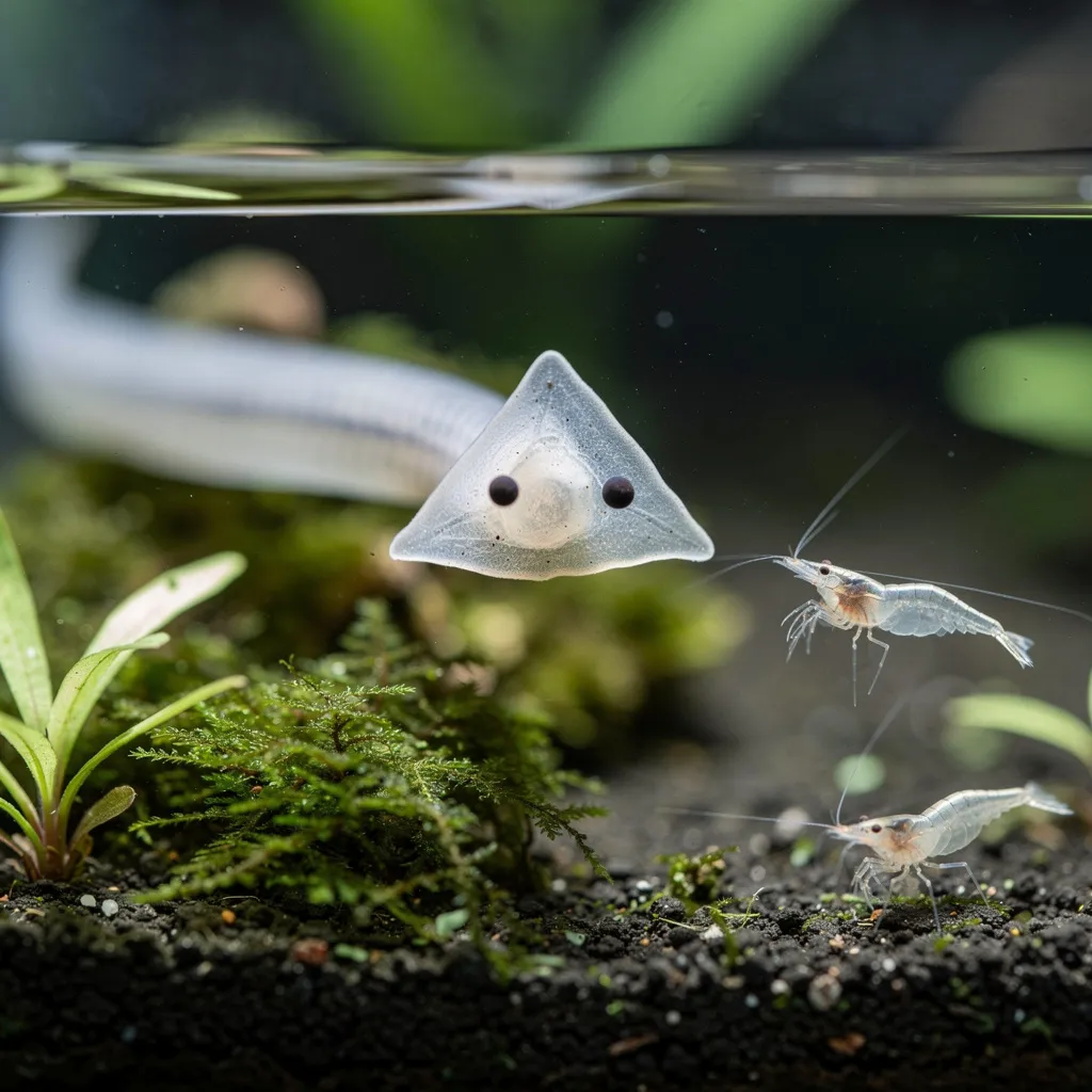 Planarie mit typischem dreieckigem Kopf an der Aquarienscheibe, kleine Garnele in der Nähe in Gefahr