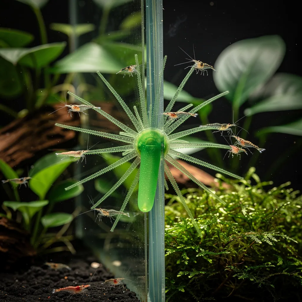 Grüne Hydra mit ausgestreckten Tentakeln an der Scheibe, winzige Junggarnelen schwimmen gefährlich nah