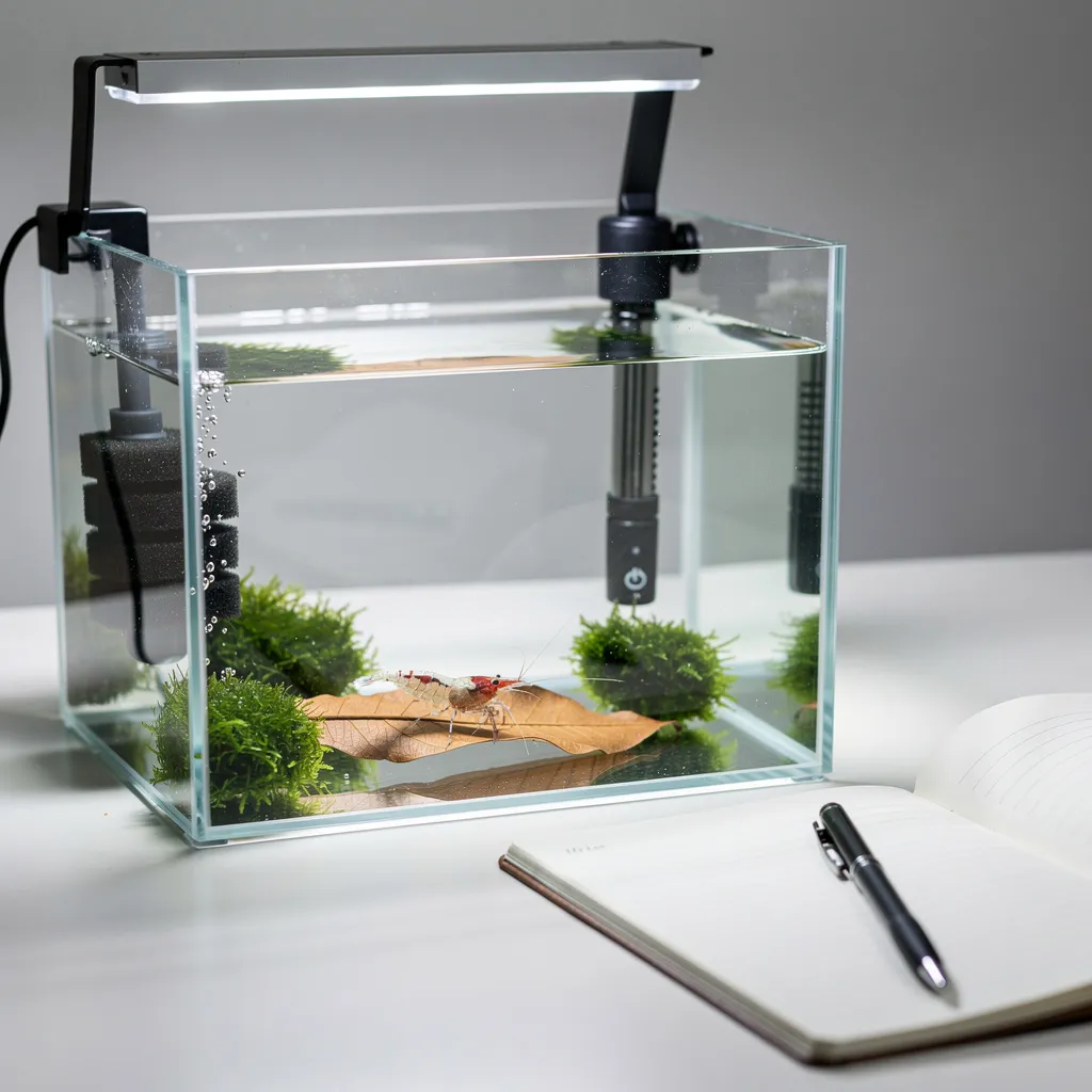 Eingerichtetes Quarantänebecken mit Schwammfilter, Moos und Seemandelbaumblatt für neue Garnelen