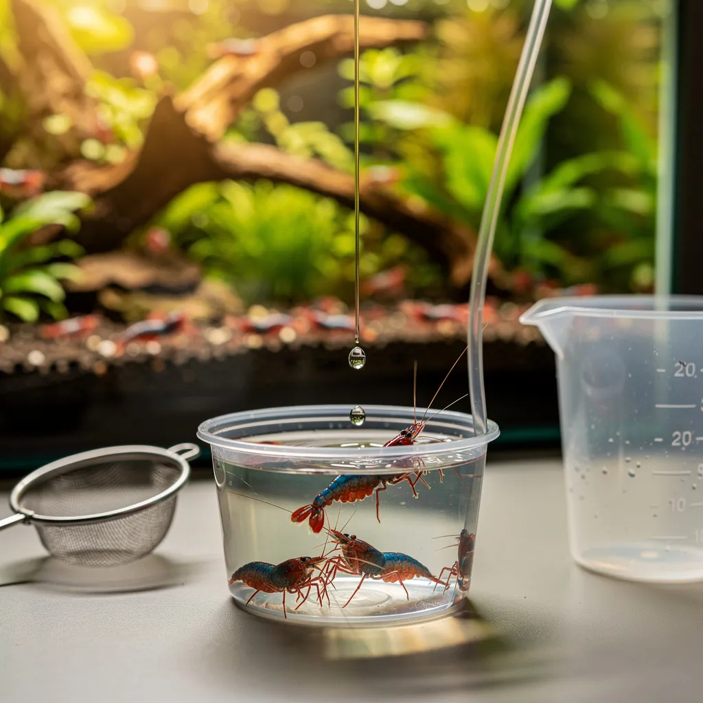 Tröpfchen-Eingewöhnung neuer Garnelen mit Luftschlauch vom Hauptbecken in Transportbehälter