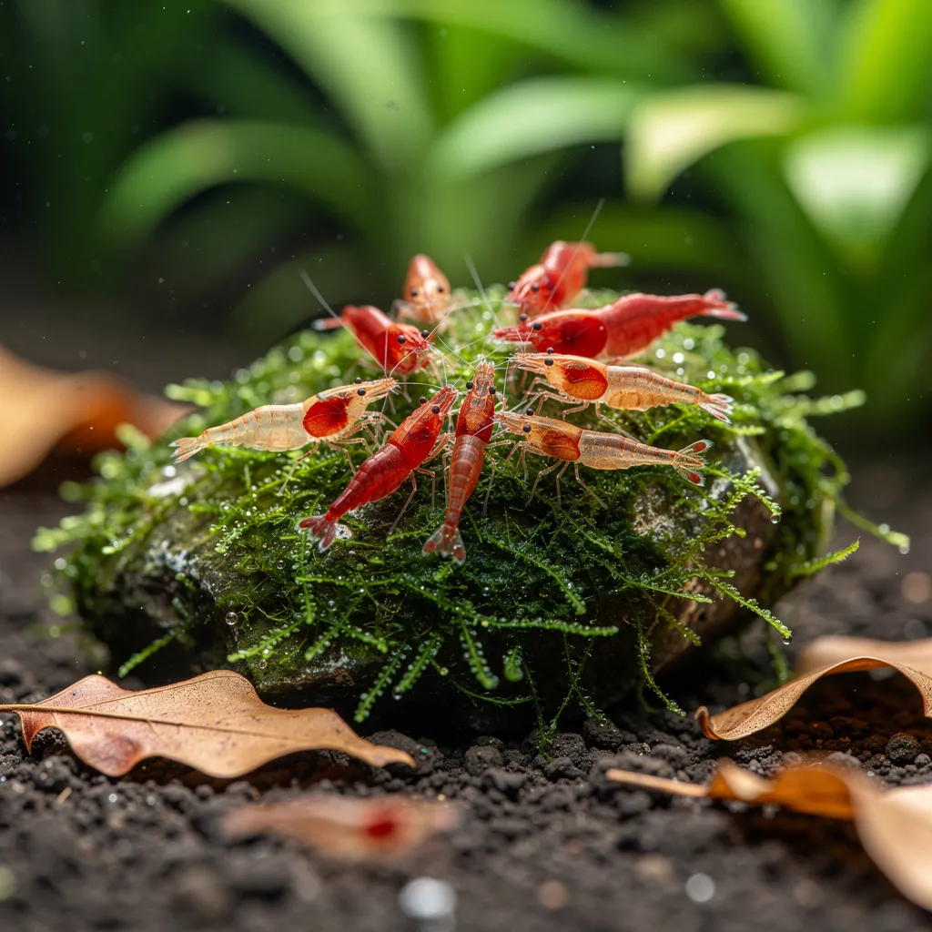 Gruppe Red Fire Garnelen beim gemeinsamen Grasen auf bemoostem Stein im Aquarium