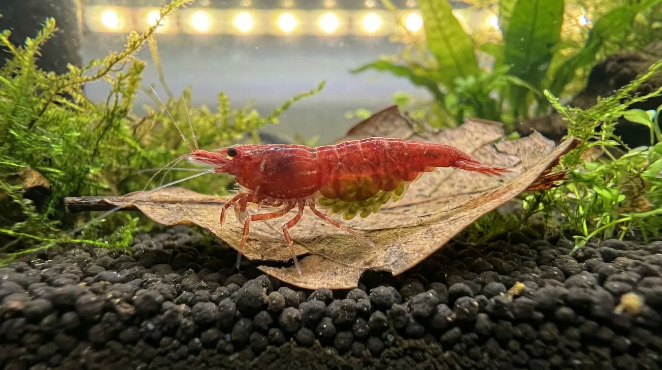 Red Fire Weibchen mit sichtbarem gelben Eifleck im Nacken und Eipaket am Bauch