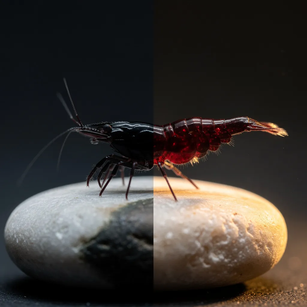 Red Onyx Garnele unter verschiedenen Lichtverhältnissen — von fast schwarz bis weinrot