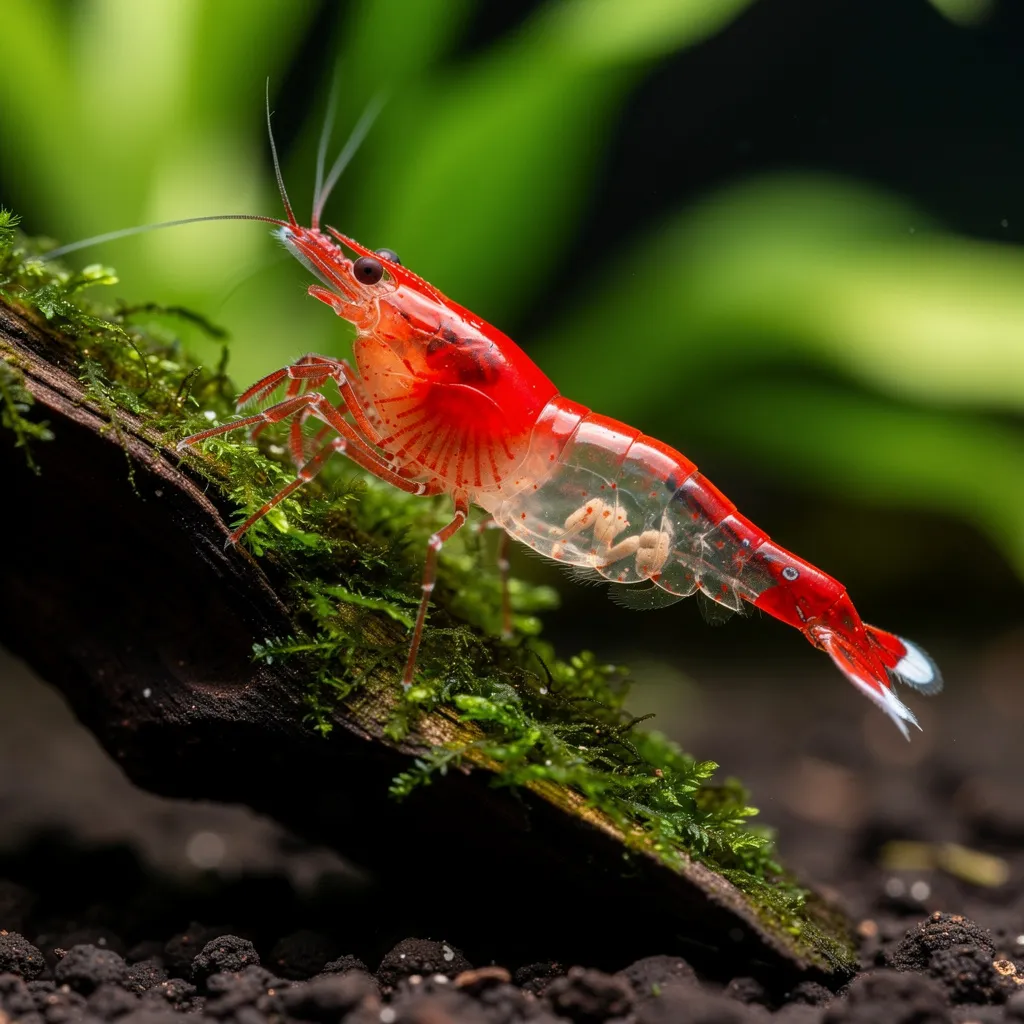 Red Rili Garnele mit rotem Kopf und Schwanz und glasklarer transparenter Körpermitte