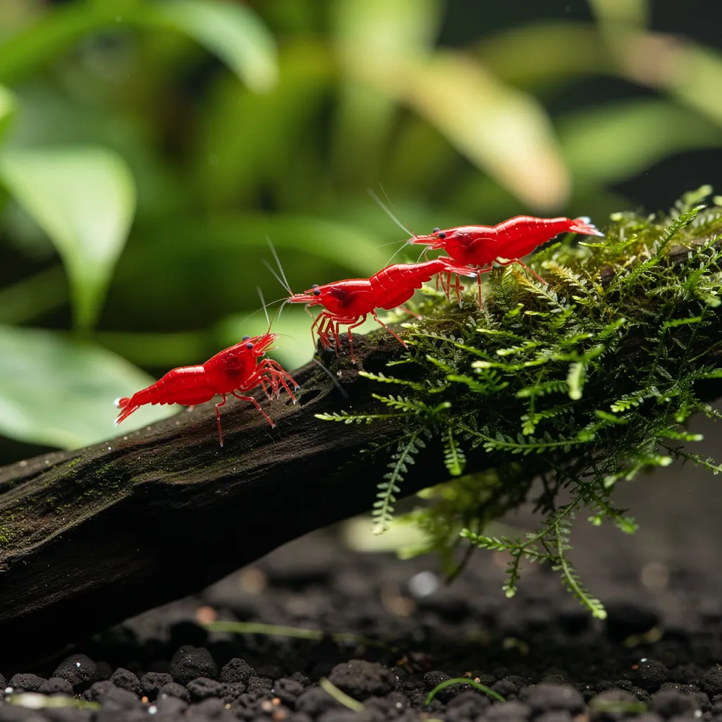 Red Sakura Garnelen mit deckend roter Färbung auf dunkler Wurzel im bepflanzten Aquarium