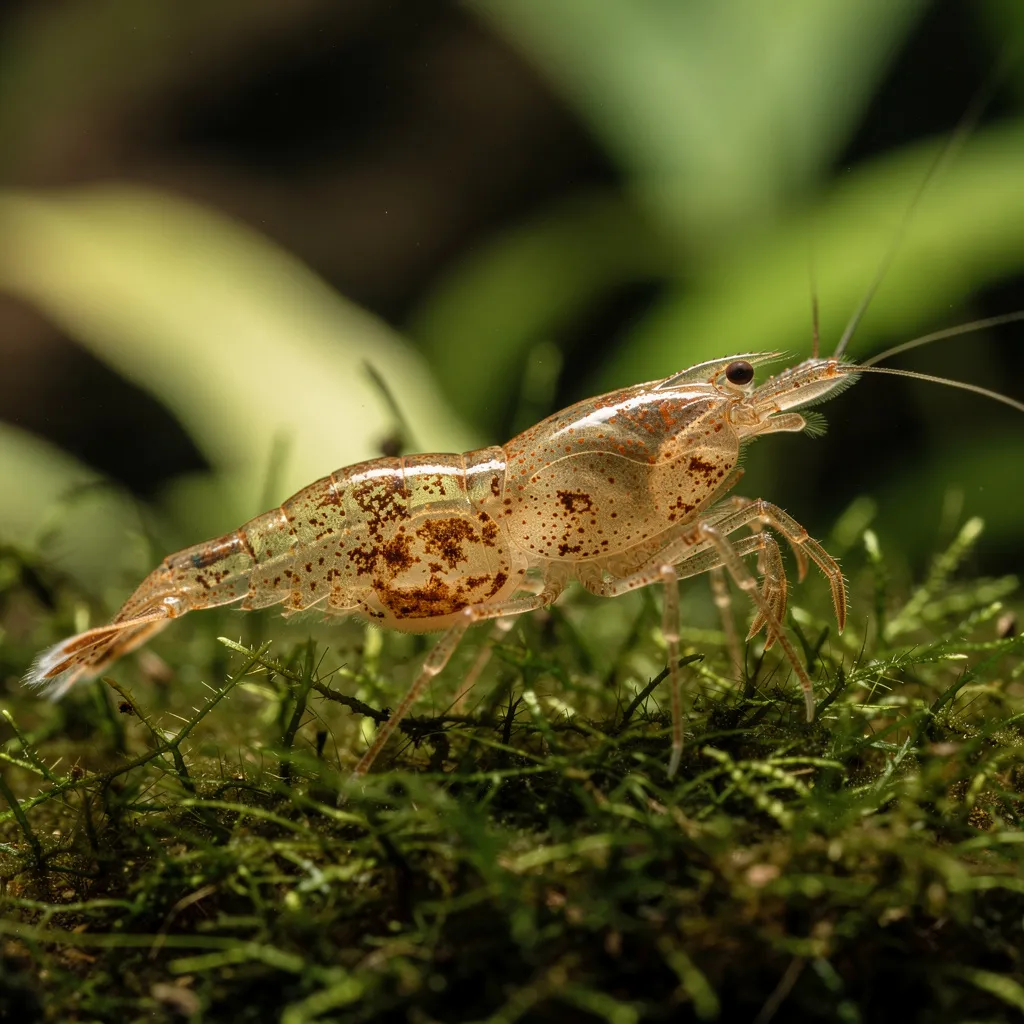Garnele mit rostbraunen Flecken auf dem Panzer als typisches Symptom einer Rostpilz-Infektion