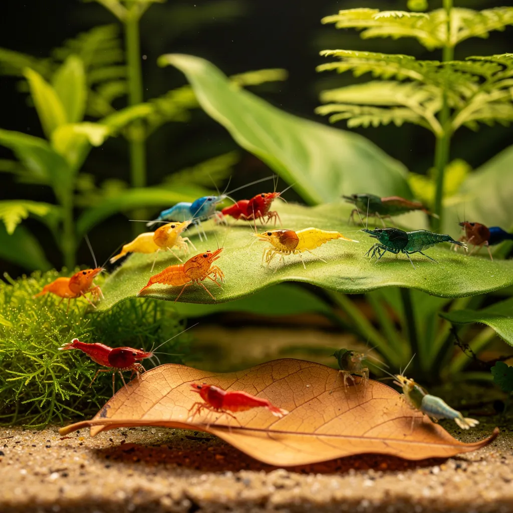 Gesunde Garnelenkolonie im gepflegten Aquarium mit Seemandelbaumblatt als Vorbeugung gegen Rostpilz