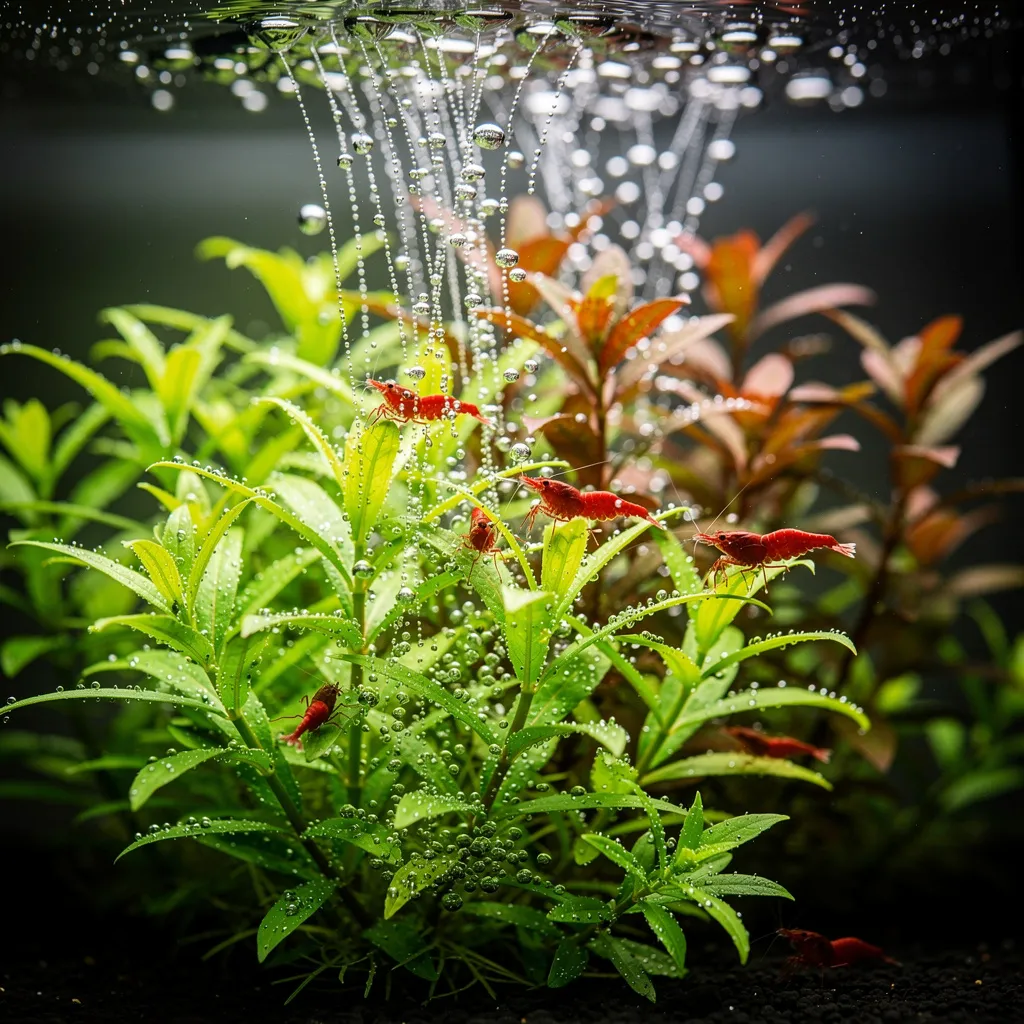 Sauerstoffbläschen steigen von perlenden Aquarienpflanzen auf (Pearling)