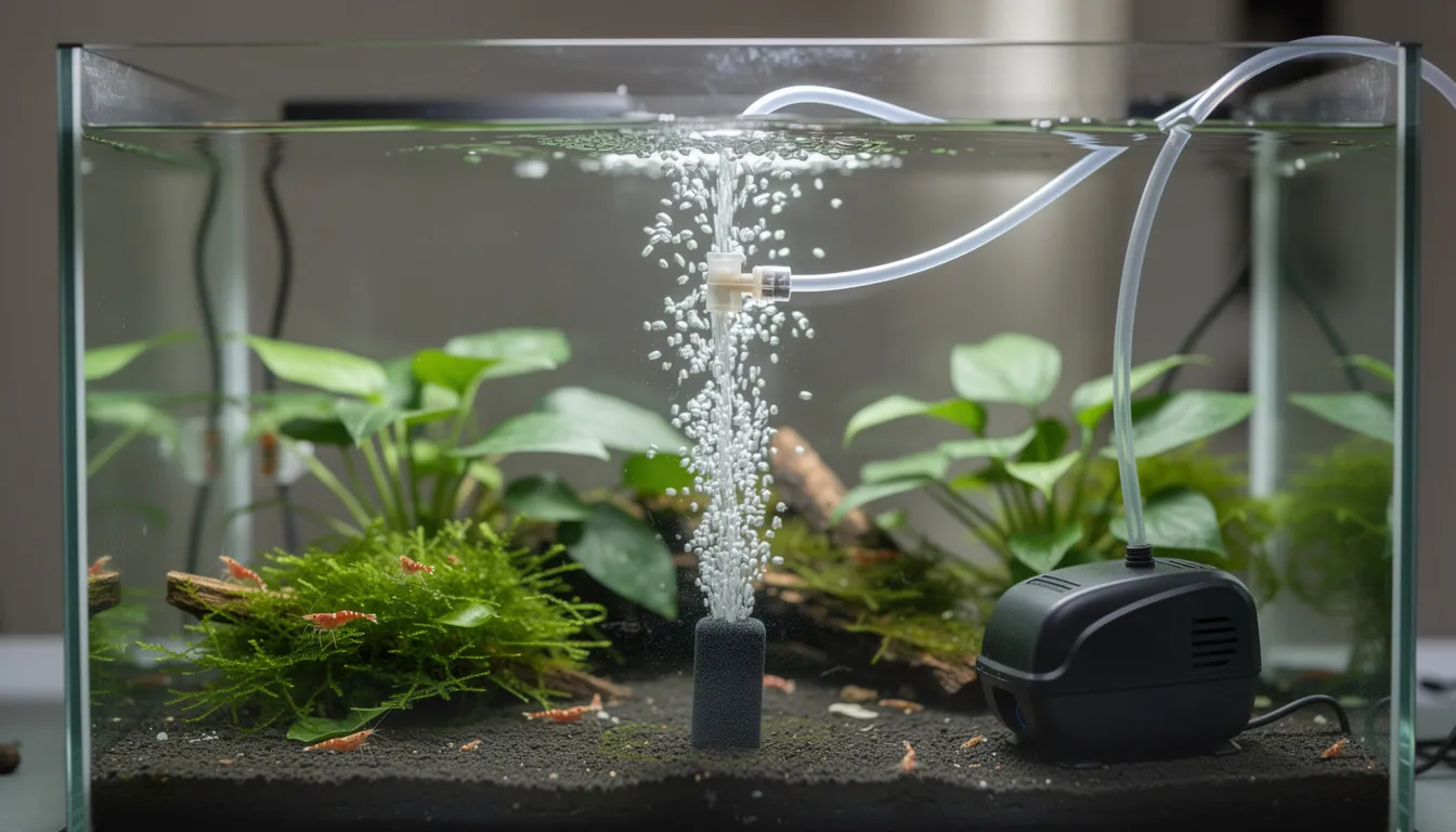 Aquarium-Belüftung mit Membranpumpe und Ausströmerstein, feine Luftblasen steigen auf