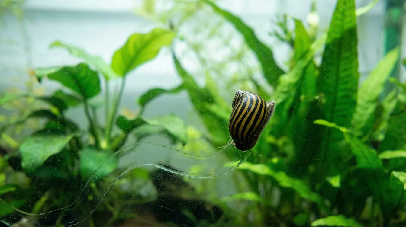 Zebra-Rennschnecke kriecht über die Aquarienscheibe und frisst Algenbelag