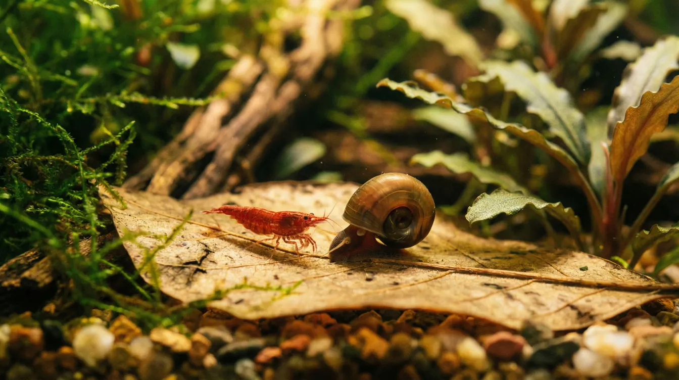 Garnele und Posthornschnecke friedlich nebeneinander auf einem Seemandelbaumblatt