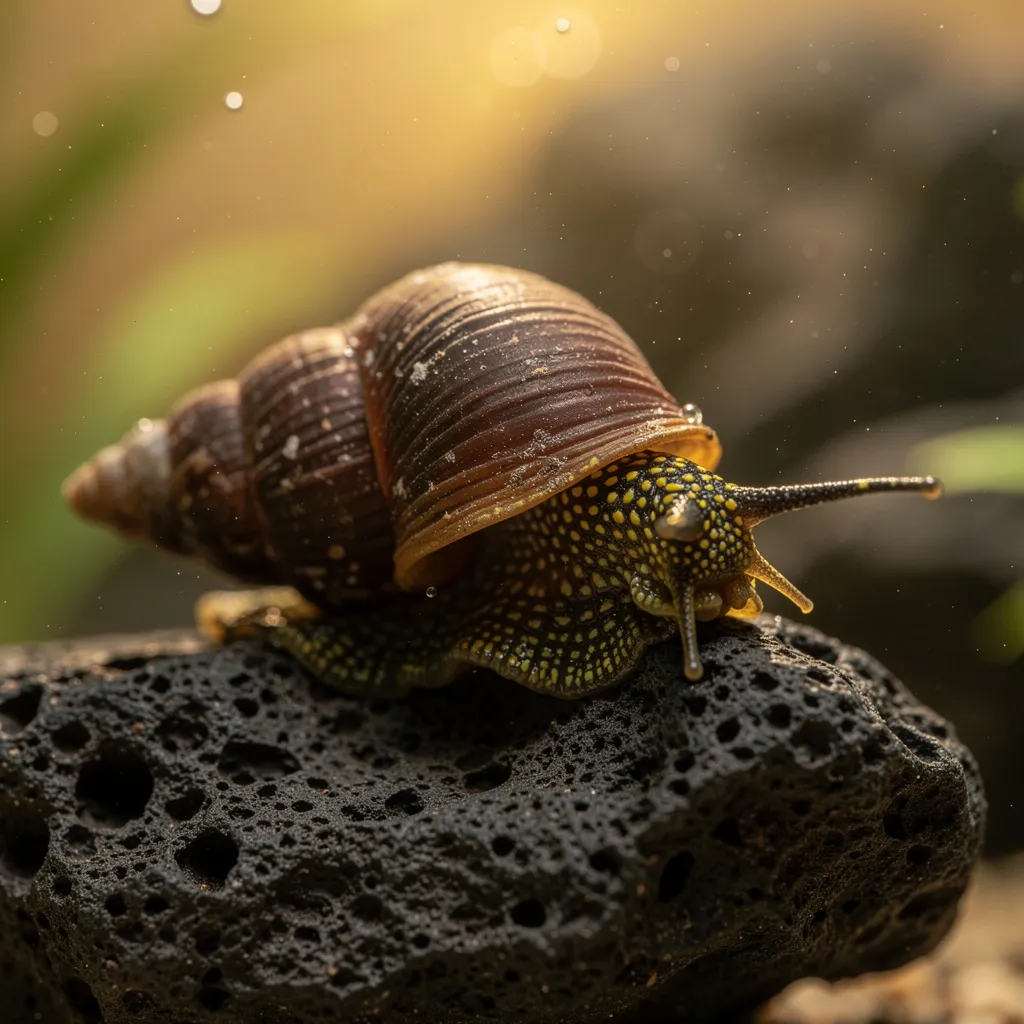 Exotische Tylomelania Sulawesi-Schnecke mit auffälliger Zeichnung auf Lavastein
