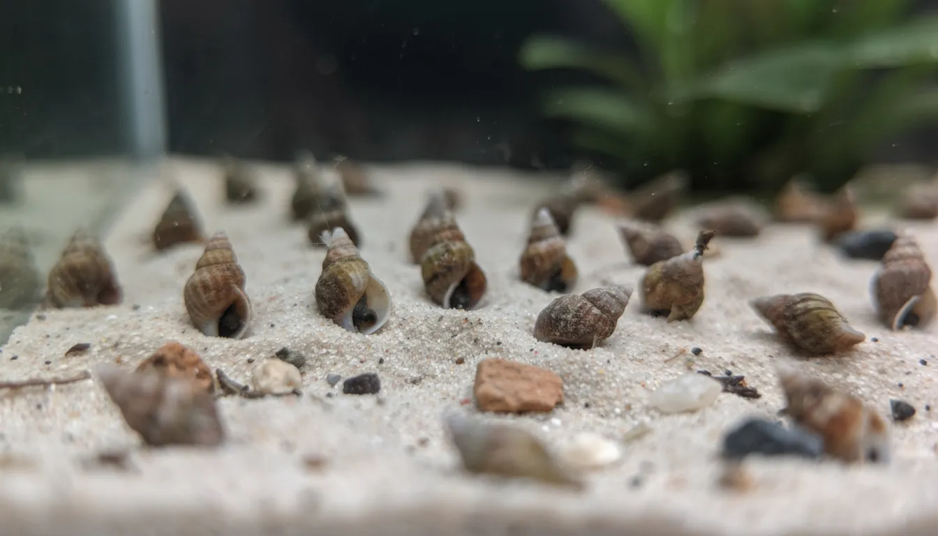 Turmdeckelschnecken im Aquarienbodengrund, teils eingegraben, typische kegelförmige Schalen