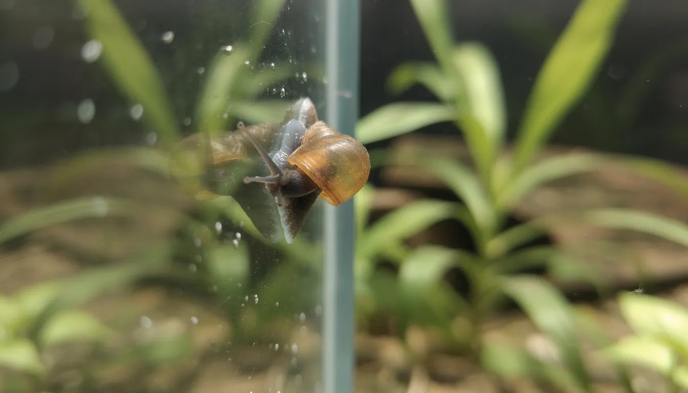 Blasenschnecke an der Aquarienscheibe mit typisch durchscheinendem Gehäuse
