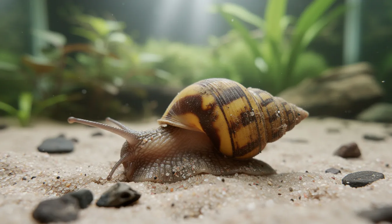 Raubschnecke (Clea helena) mit gelb-braun gestreiftem Gehäuse auf Aquarienbodengrund