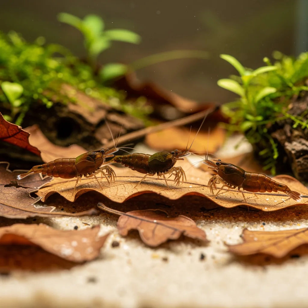 Schoko Sakura Garnelen im natürlichen Biotop-Stil zwischen braunem Laub auf Sandboden