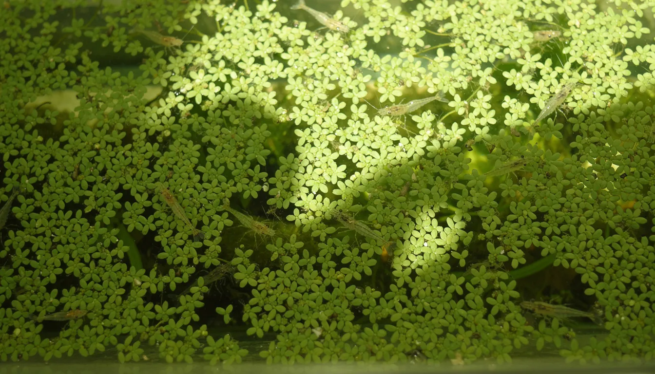 Wasseroberfläche komplett bedeckt mit kleinen gruenen Wasserlinsen, Licht filtert hindurch