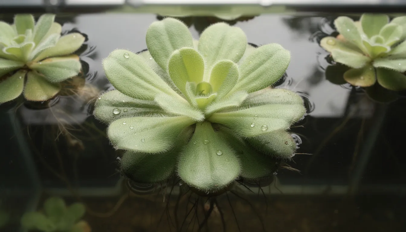 Muschelblumen (Pistia stratiotes) schwimmen auf der Wasseroberfläche mit typischer Rosettenform