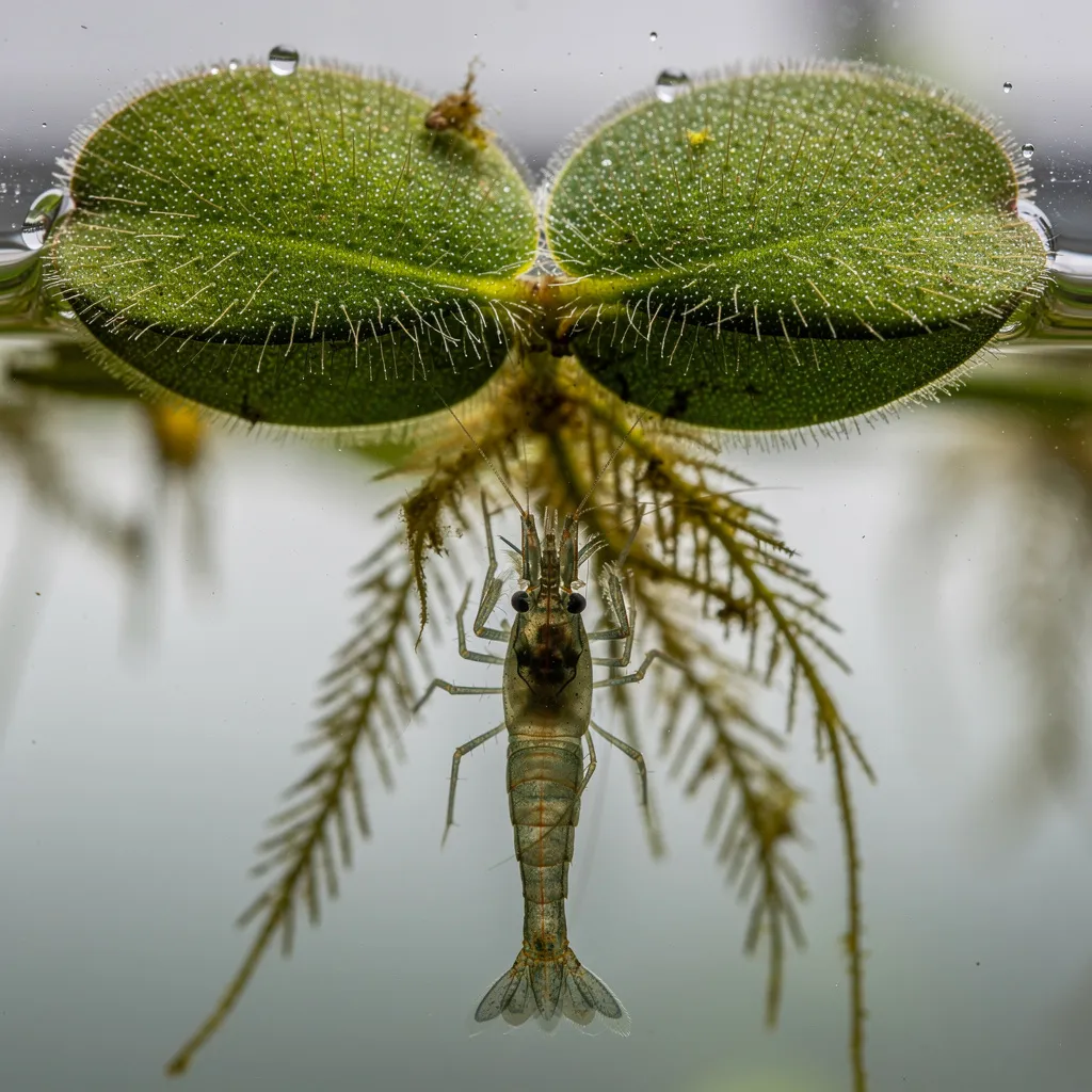 Salvinia natans an der Wasseroberfläche mit haarigen Wurzeln, Garnele hängt kopfüber an den Wurzeln