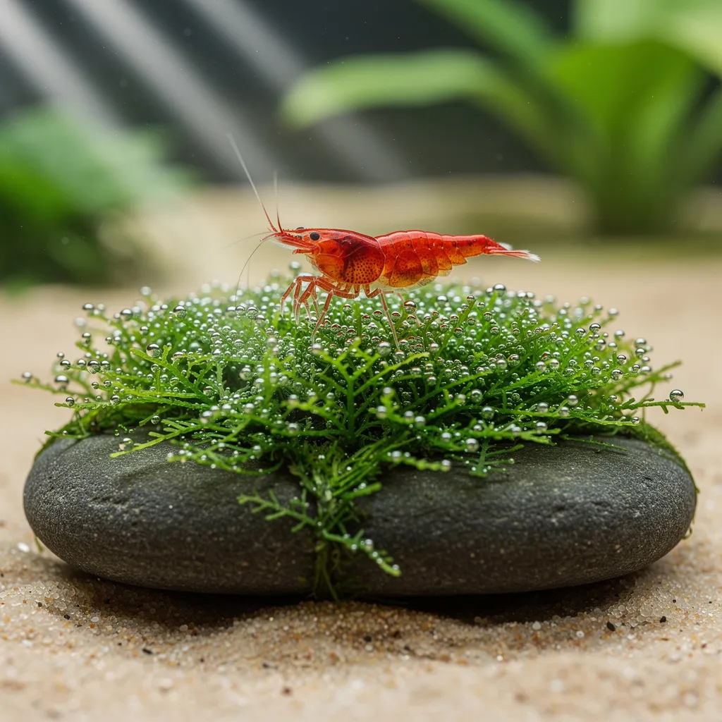 Riccia fluitans im Amano-Stil auf Stein gebunden mit Sauerstoffperlen und roter Garnele auf dem Moospolster
