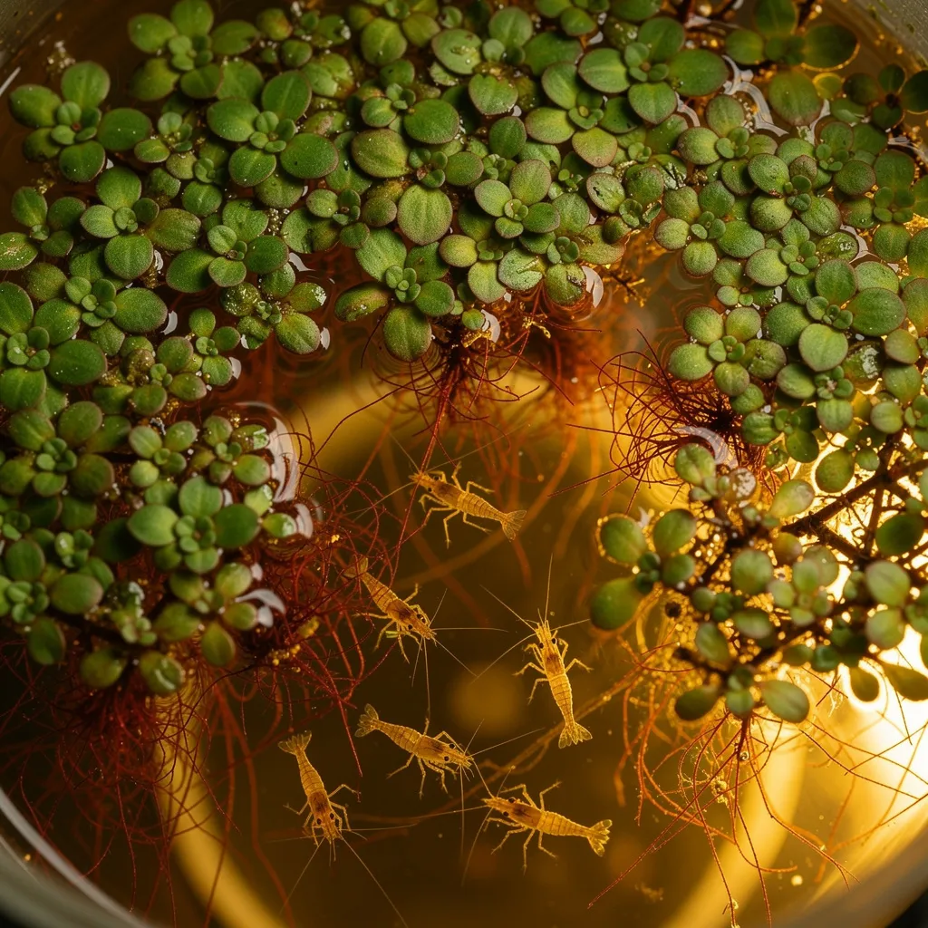 Red Root Floater von oben: rote Wurzeln und Blattunterseiten kontrastieren mit grüner Oberfläche