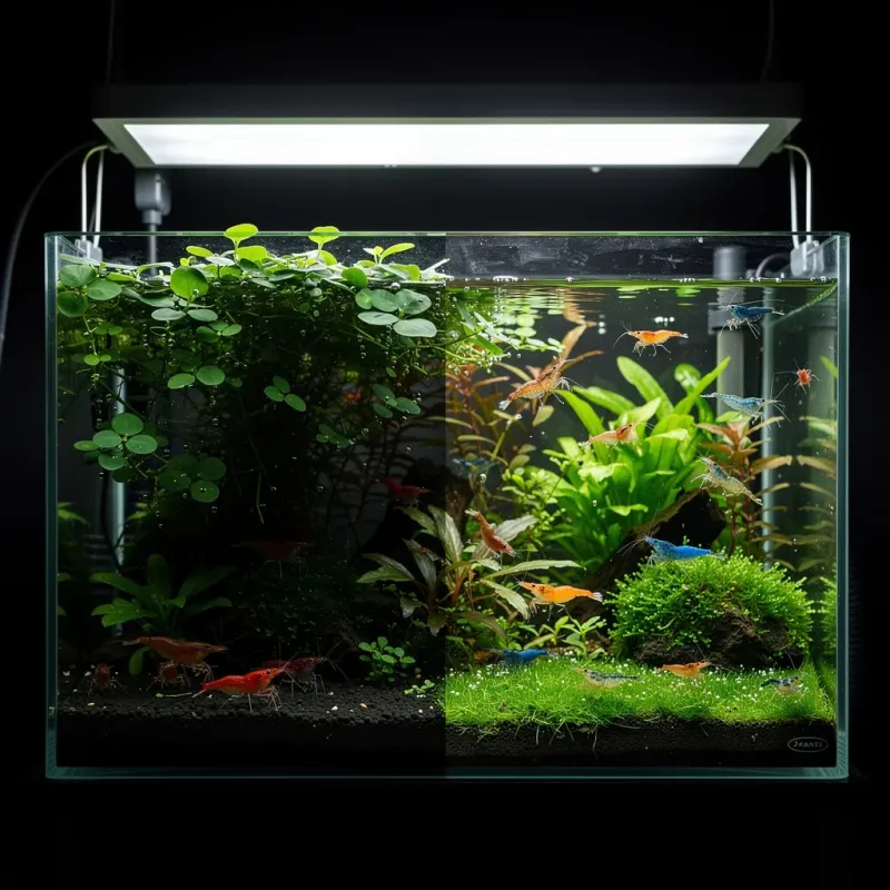 Aquarium mit Schwimmpflanzen-Lichtsteuerung: beschattete und beleuchtete Zone mit Garnelen in beiden Bereichen