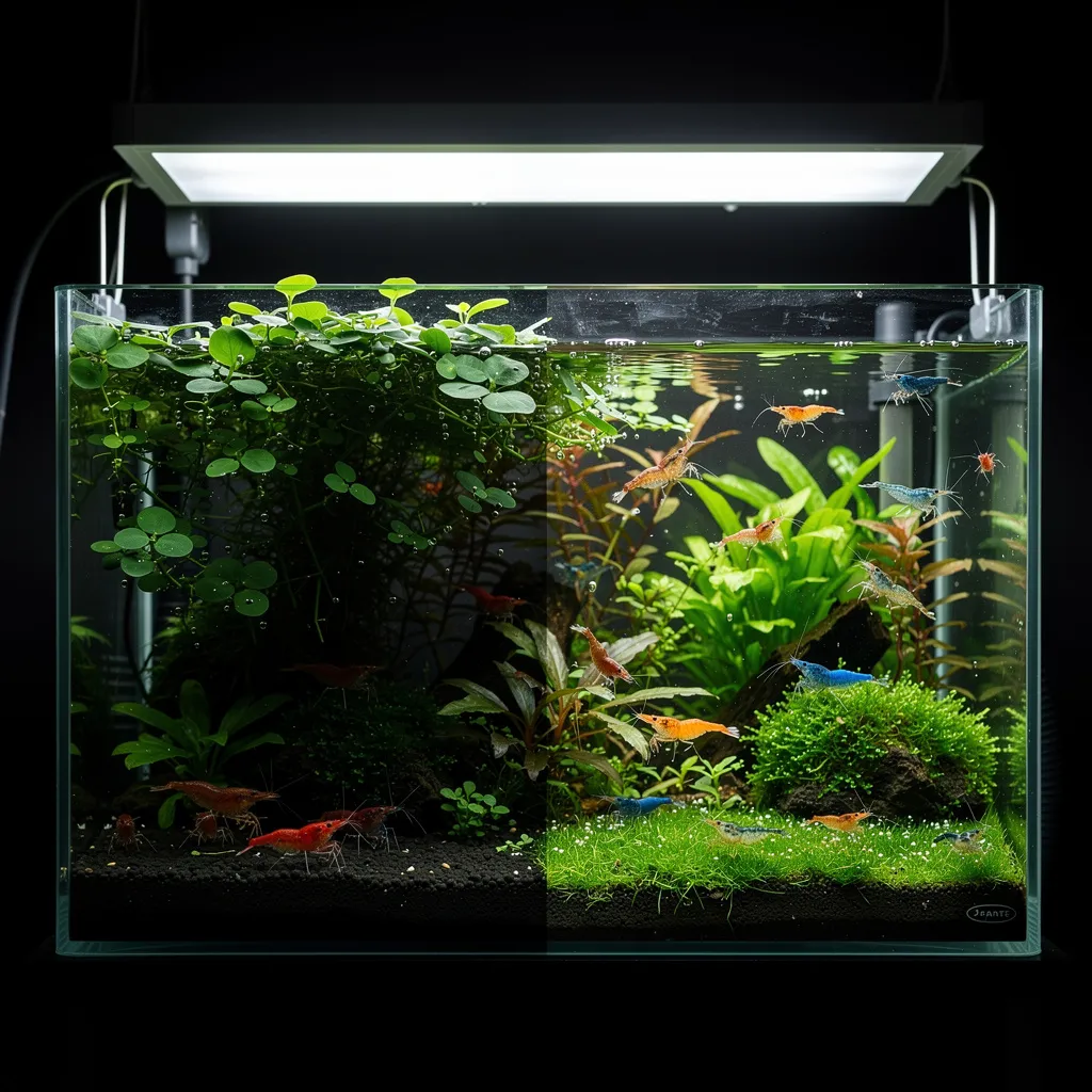 Aquarium mit Schwimmpflanzen-Lichtsteuerung: beschattete und beleuchtete Zone mit Garnelen in beiden Bereichen
