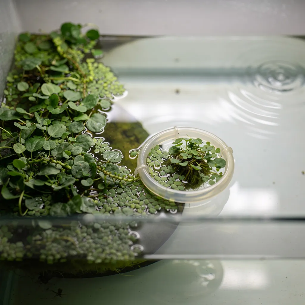 Schwimmpflanzen in einer Ecke durch Strömung zusammengeschoben, Luftschlauch-Ring als Barriere