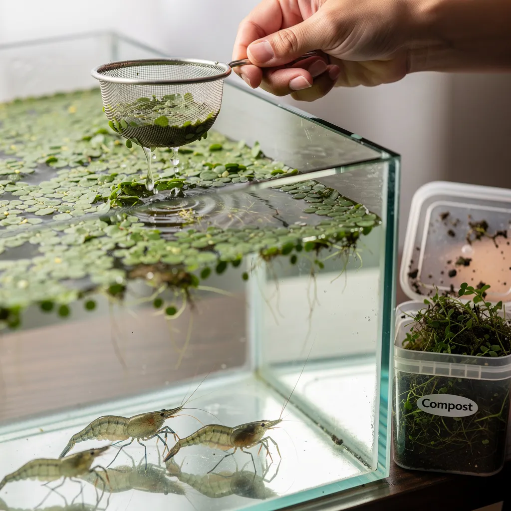 Schwimmpflanzen auslichten: Hand schöpft überschüssige Salvinia mit Netz ab, Kompostbehälter daneben