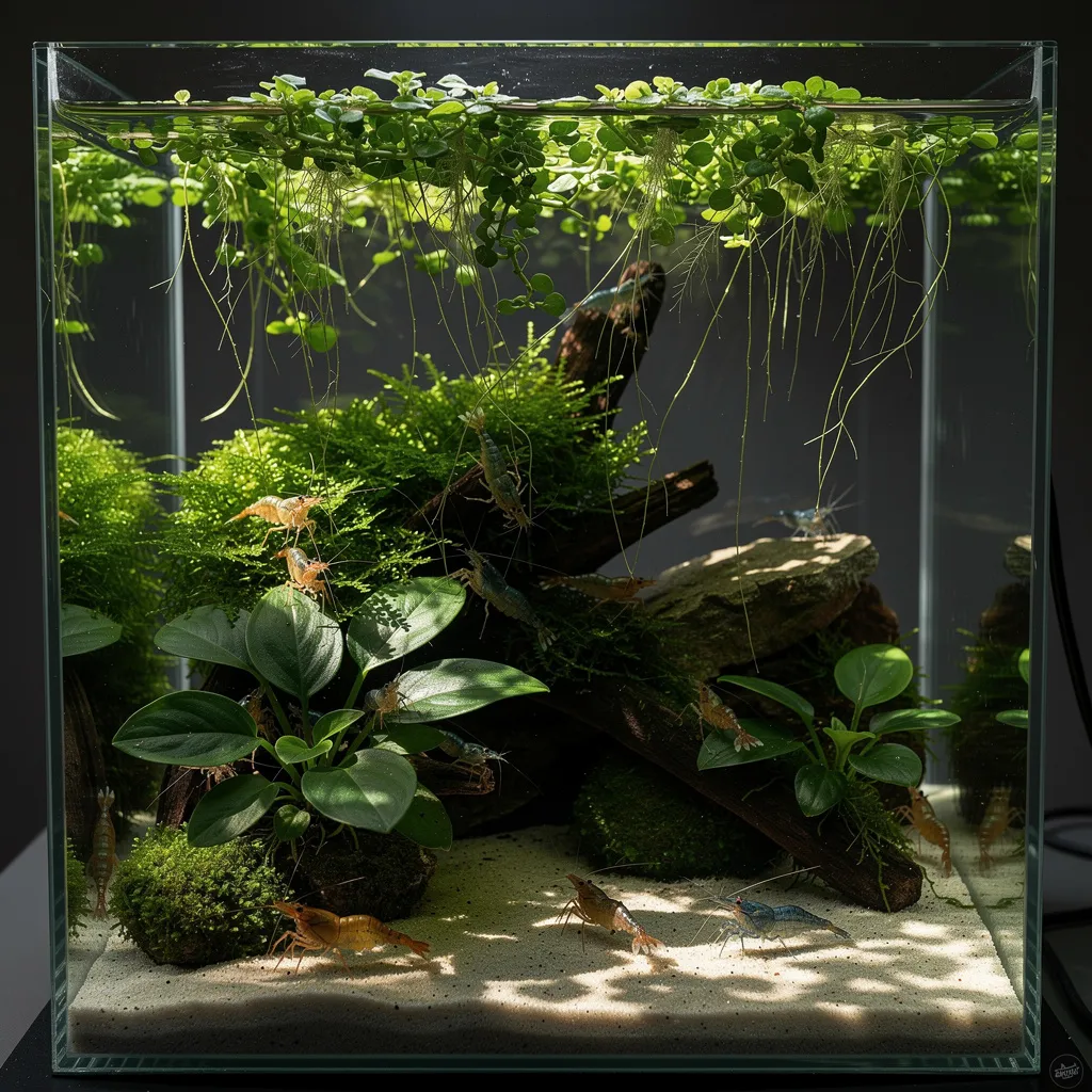 Ausgewogenes Nano-Aquarium mit 60% Schwimmpflanzendecke, Moos, Anubias und bunten Garnelen darunter