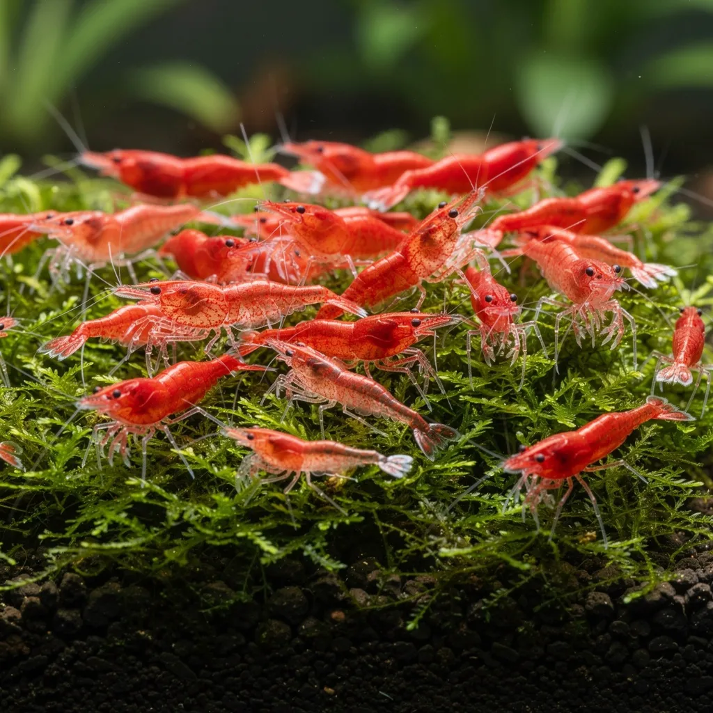Neocaridina-Zuchtgruppe mit unterschiedlicher Farbqualität vor der Selektion im Garnelenbecken