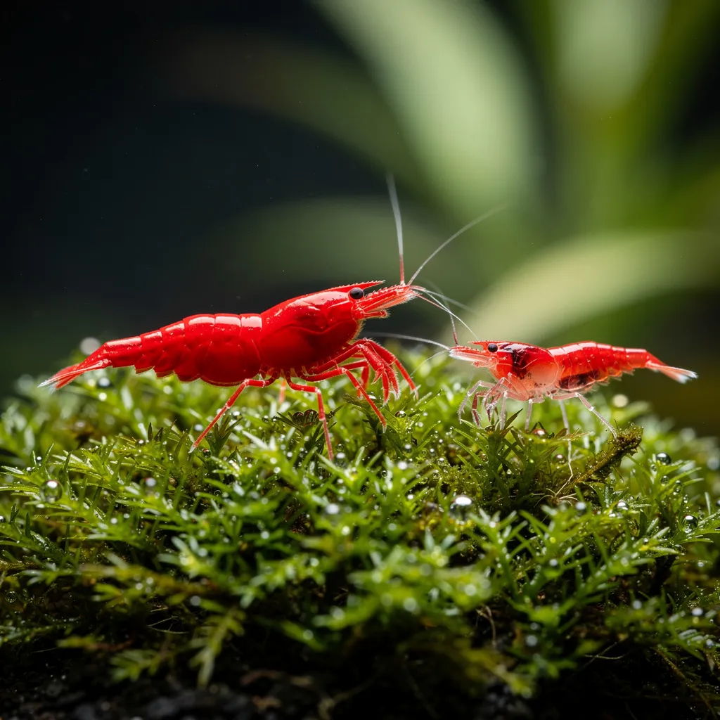 Painted Fire Red Garnele neben Jungtier zeigt Farbverbesserung durch selektive Zucht über Generationen