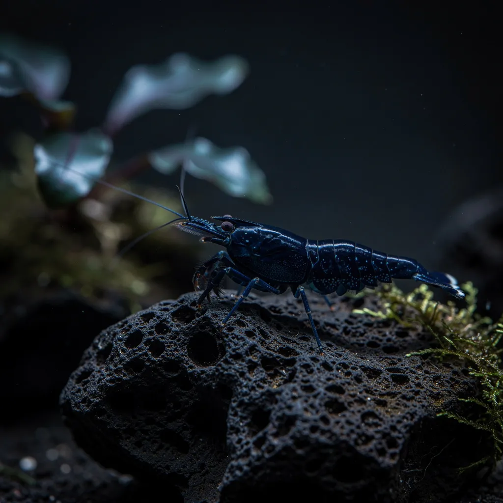 Blue Shadow Mosura Garnele auf Lavastein — tiefblaue, samtige Färbung mit Mosura-Muster