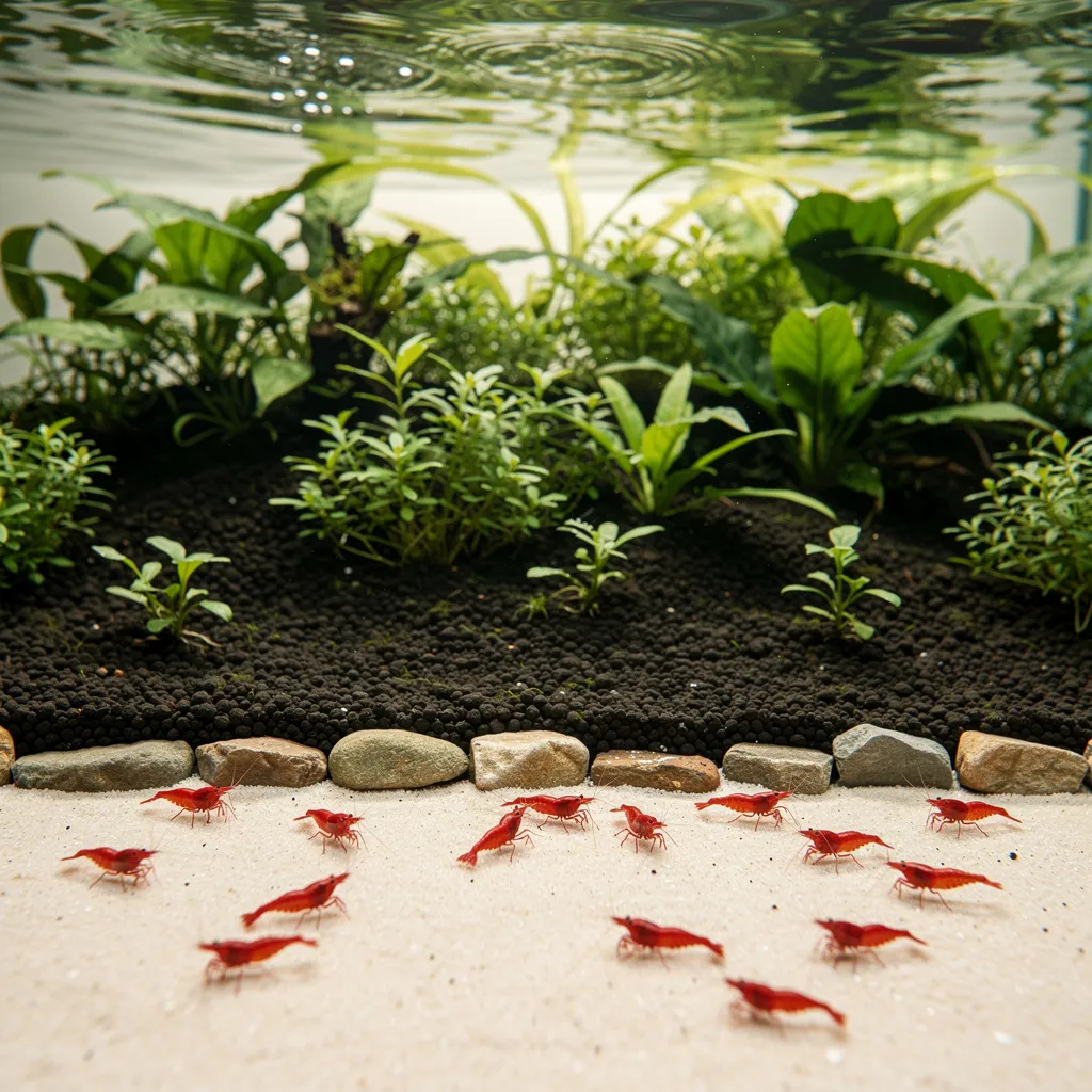 Kombination aus Soil im Hintergrund und Sand im Vordergrund mit Garnelen