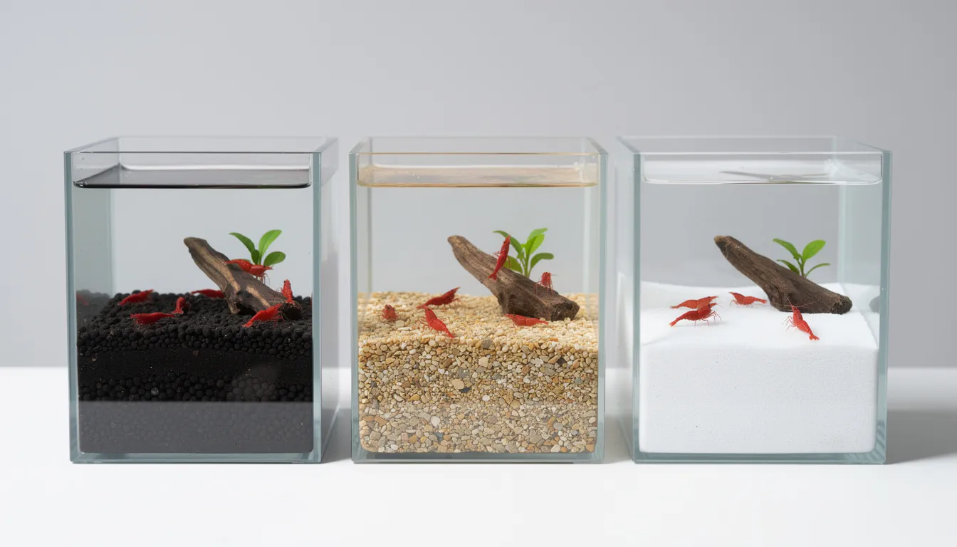 Drei Bodengrund-Typen im Vergleich: dunkler Soil, heller Kies und feiner Sand mit Garnelen