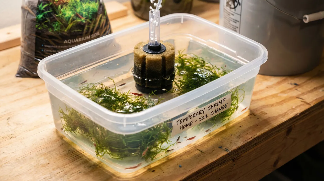 Übergangsbehälter mit Schwammfilter für Garnelen während des Soil-Wechsels
