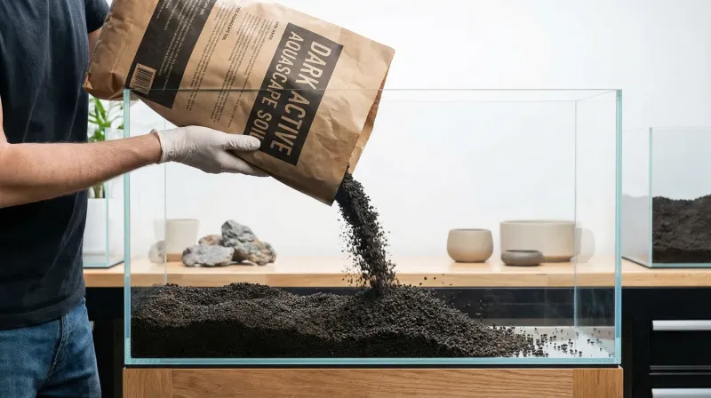 Frischer Soil wird in ein sauberes Aquarium eingefüllt