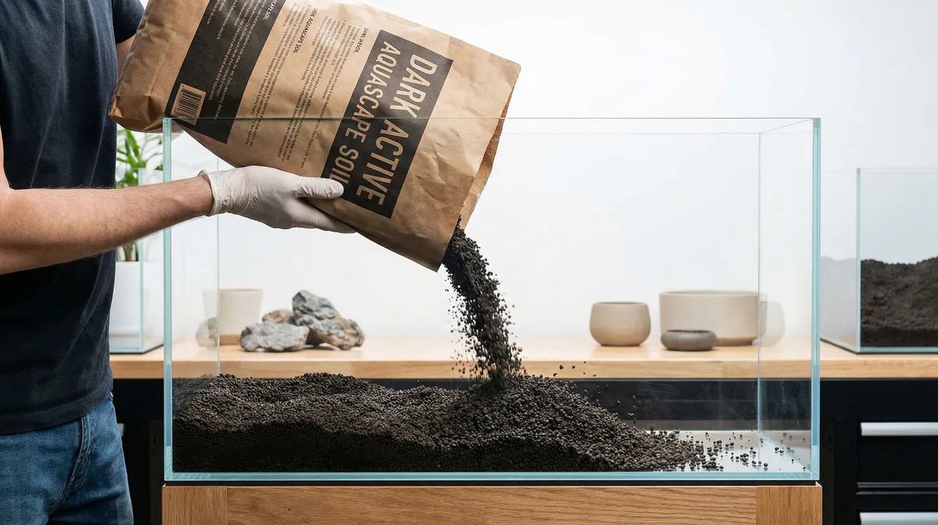 Frischer Soil wird in ein sauberes Aquarium eingefüllt