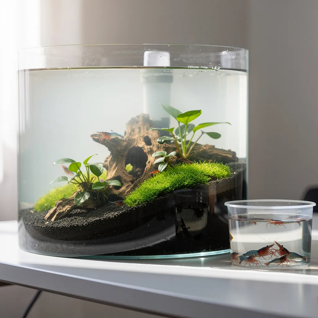 Frisch eingerichtetes Becken nach Soil-Wechsel — Garnelen warten auf die Rückkehr