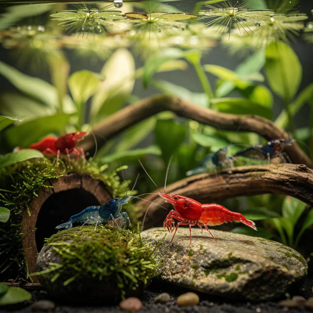 Stressfreies Garnelenaquarium mit vielen Verstecken, Schwimmpflanzen und entspannt grasenden Garnelen