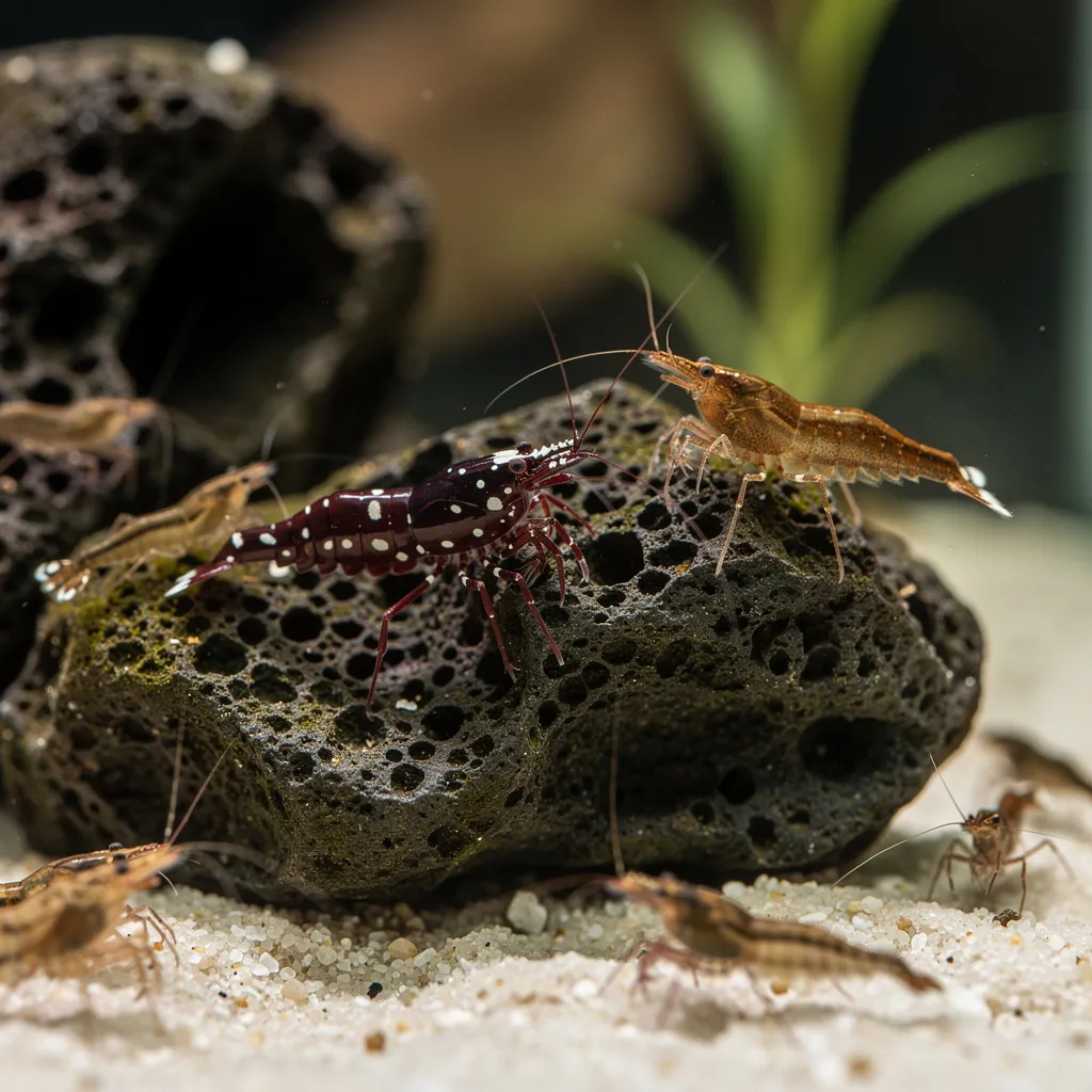 Verschiedene Sulawesi-Garnelenarten auf Lavastein im warmen Biotop-Aquarium
